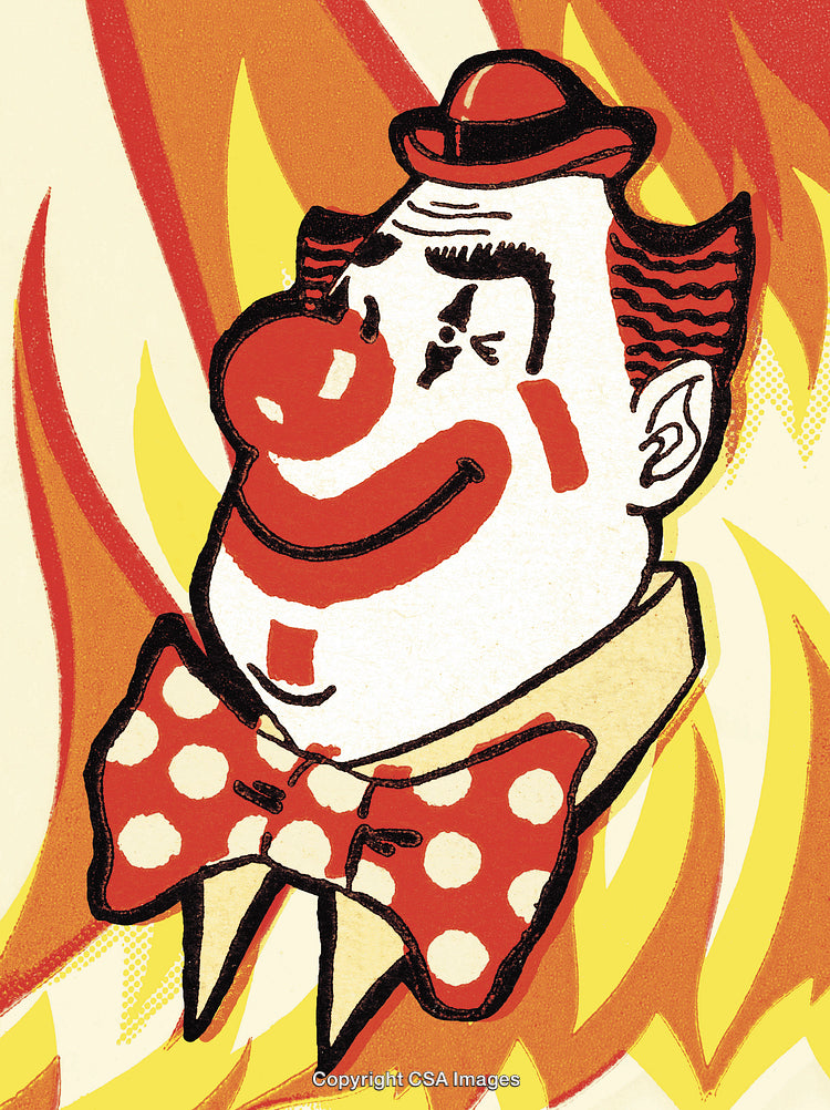 Illustrated Clown with Red Hat and Fire Background in Vintage Style