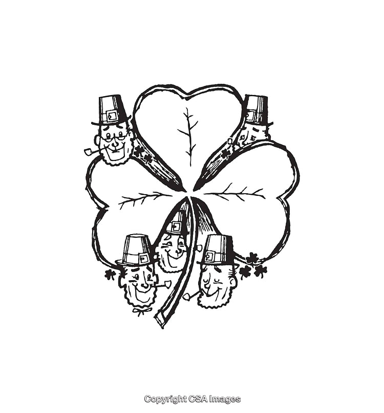 Black and White Line Art of a Shamrock with Leprechaun Faces