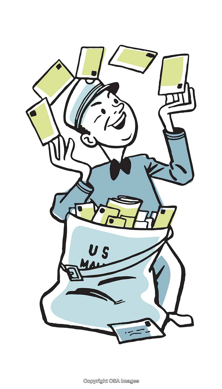 Illustration of a Mail Carrier Juggling Correspondence from a U.S. Mail Bag
