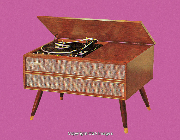 Retro Wooden Turntable Console with Vintage Style on Colorful Background