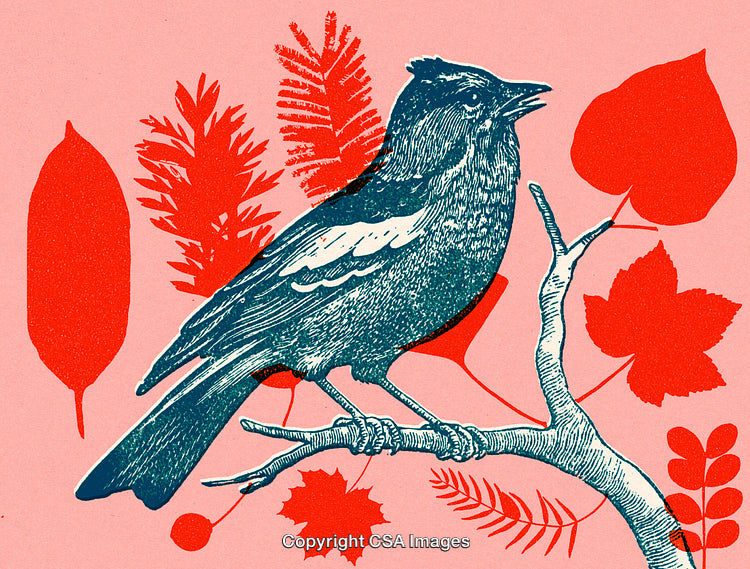 Artistic Illustration of Bird Perched Among Red Autumn Leaves