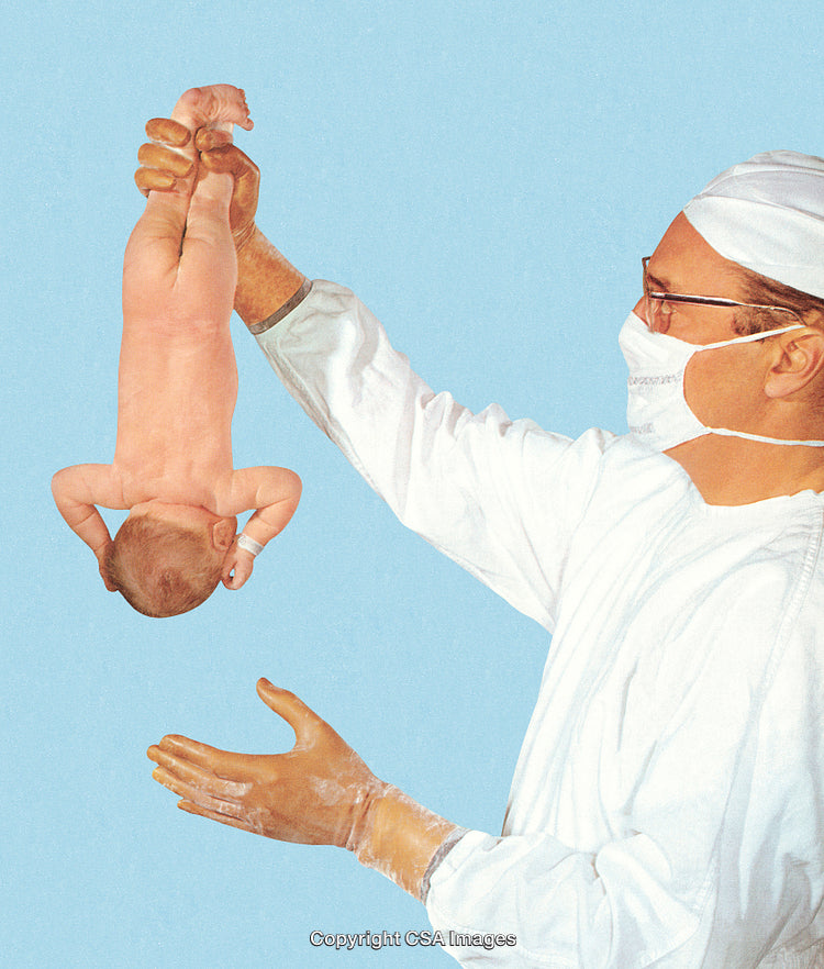 Doctor Holding Newborn Baby Upside Down in Medical Setting with Blue Background