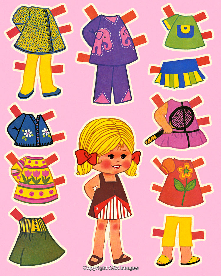 Retro Paper Doll with Multiple Colorful Interchangeable Outfits for Children