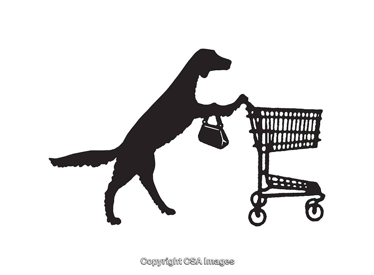 Dog Pushing Shopping Cart Line Art Illustration in Black and White