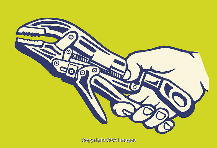Hand Holding Locking Pliers Line Art with Bold Yellow Background