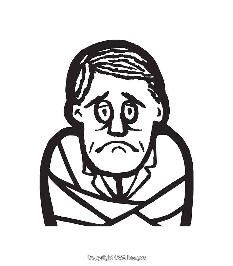 Black and White Illustration of a Concerned Man Feeling Confined