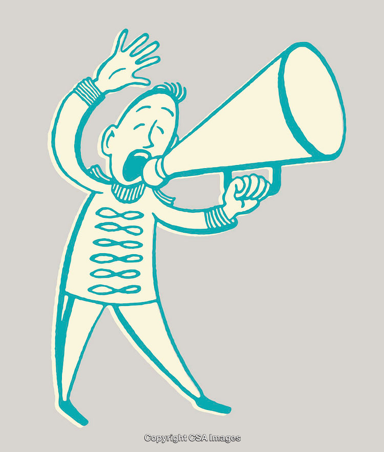 Man Shouting Through Megaphone in Vintage Line Art Style