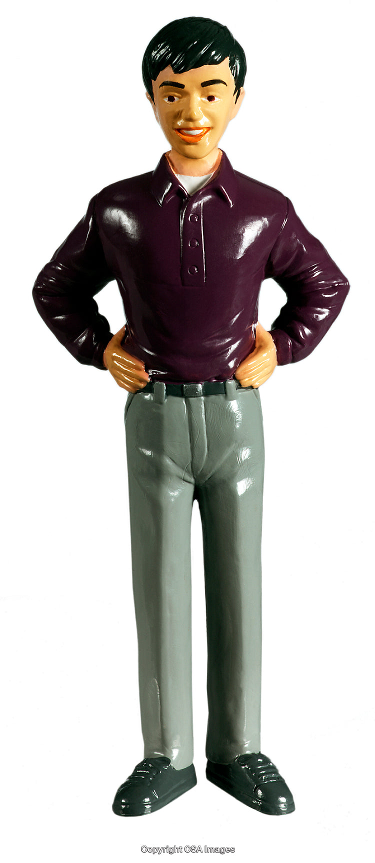 Smiling Male Toy Figure in Purple Shirt and Gray Pants