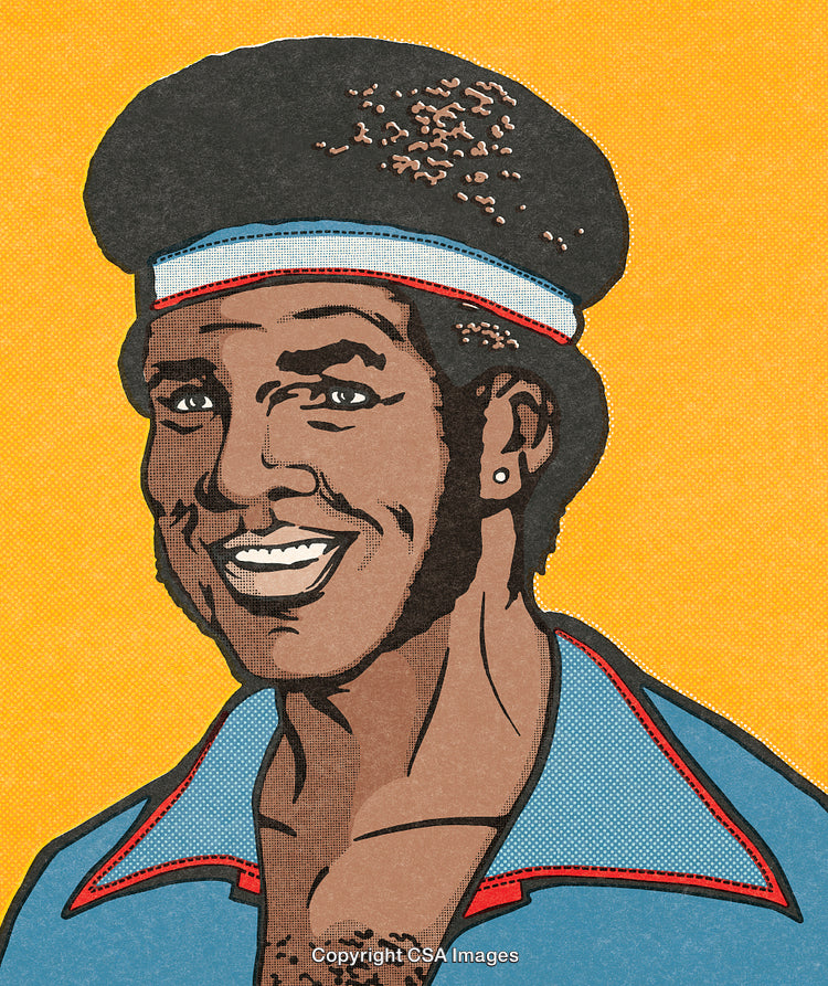 Retro Comic Style Portrait of Smiling Individual with Afro Hair and Headband