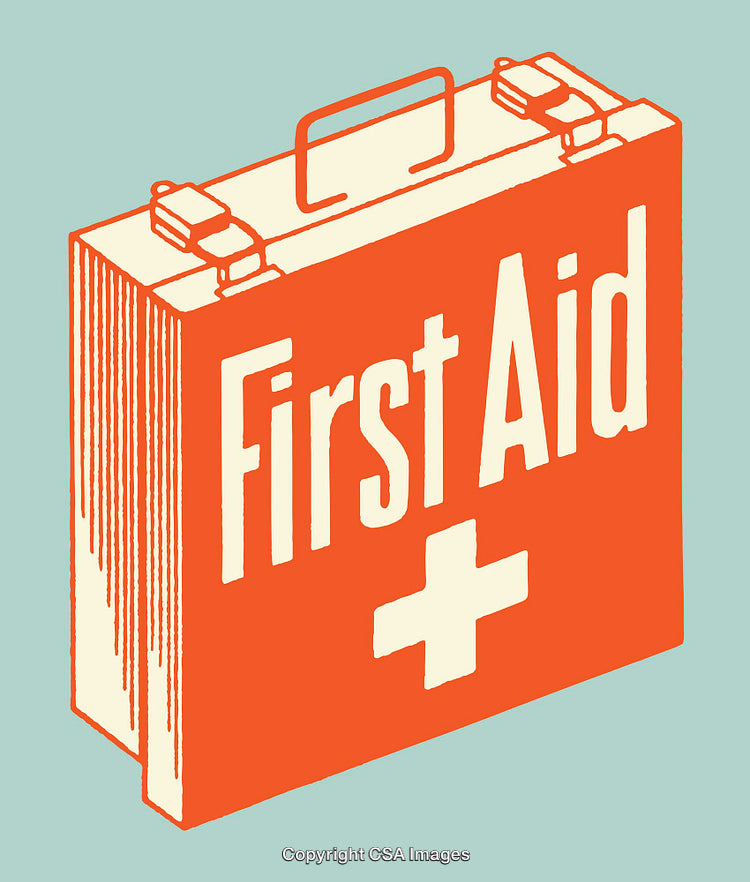 Orange First Aid Kit Illustration with Bold Typography on Blue Background