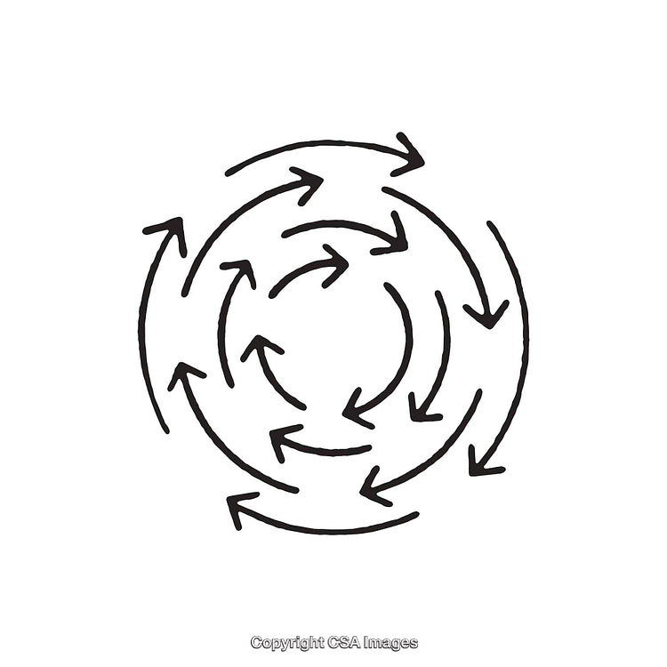 Abstract Hand-Drawn Circular Arrow Design with Converging Swirls