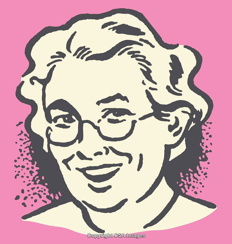 Illustration of Happy Elderly Woman with Glasses on Pink Background