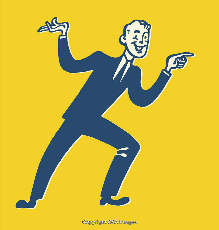 Retro Cartoon of a Cheerful Businessman Gesturing Energically on Yellow Background