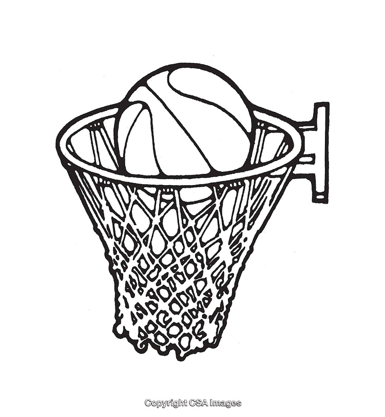 Black And White Line Art of Basketball Swishing Through Net