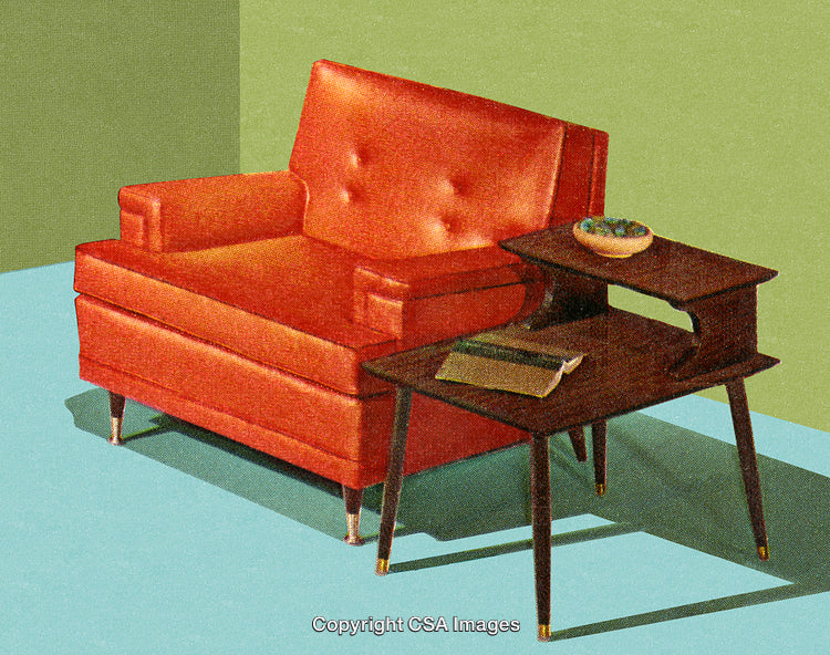 Retro Mid-Century Modern Armchair With Table in Vintage Print Style