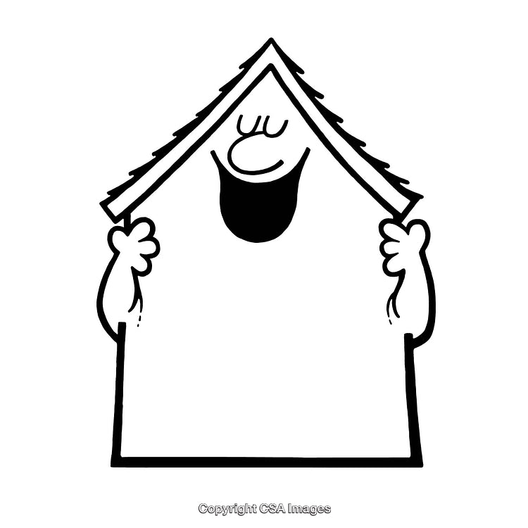 Black and White Cartoon of a Friendly Character With a House Shape