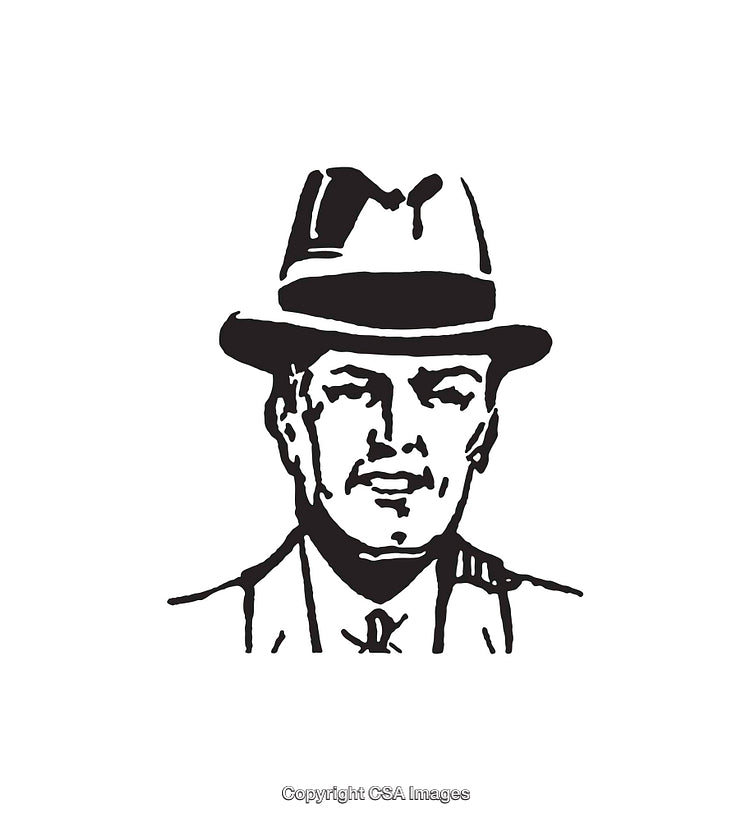 Black and White Illustration of a Gentleman Wearing a Hat and Suit
