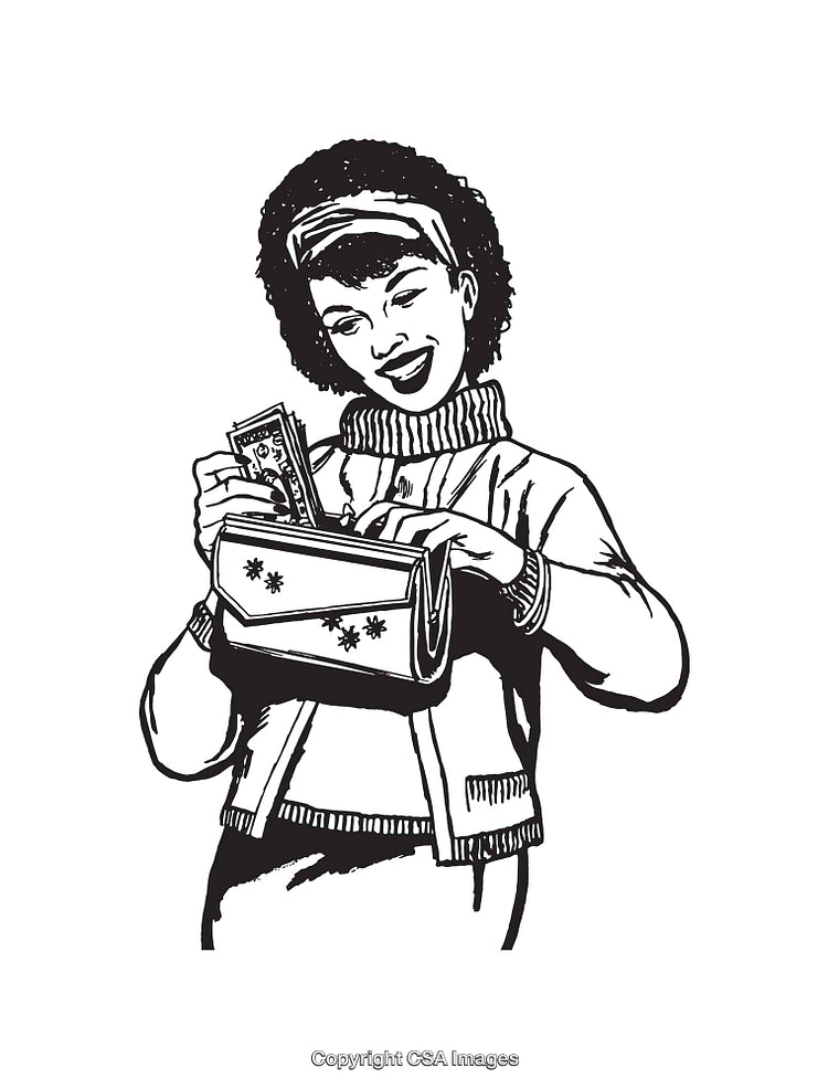 Black and White Line Art of Smiling Woman Counting Money in Wallet