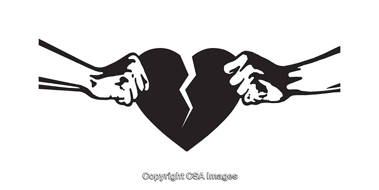 Black and White Illustration of Broken Heart Pulled Apart by Hands