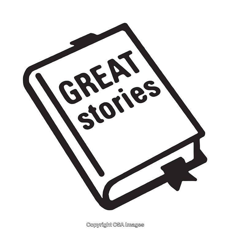 Black and White Line Art of Book with Great Stories Text