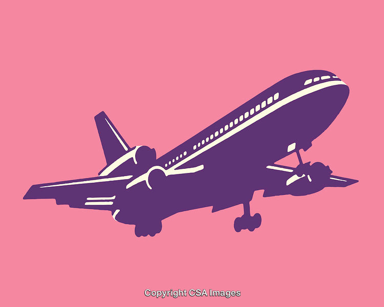 Colorful Illustration of a Flying Airplane Against a Bright Pink Background