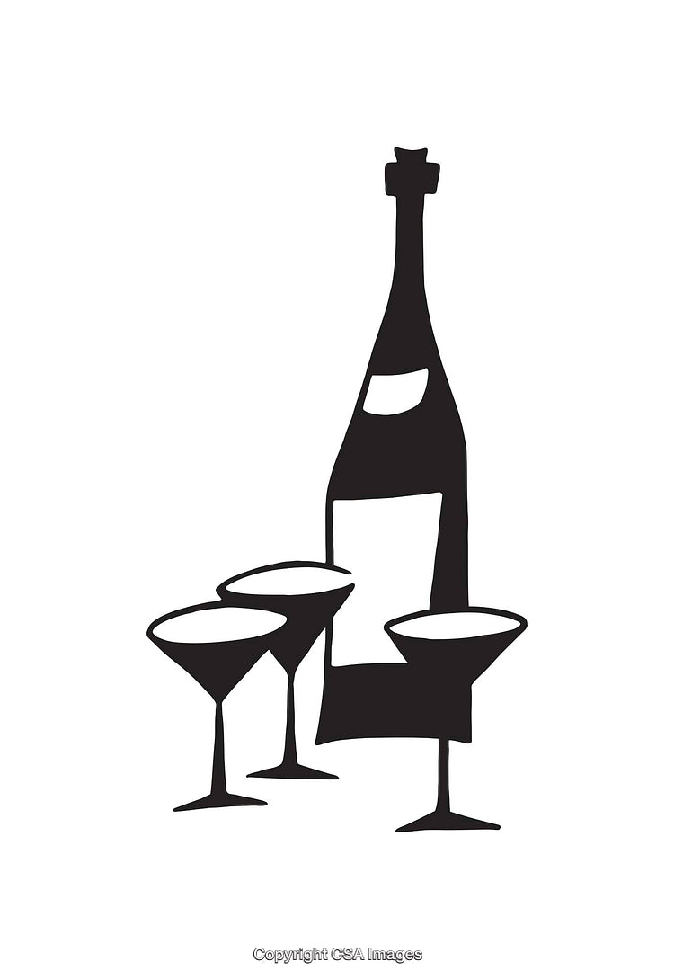 Black and White Line Art of Bottle and Glasses Illustration