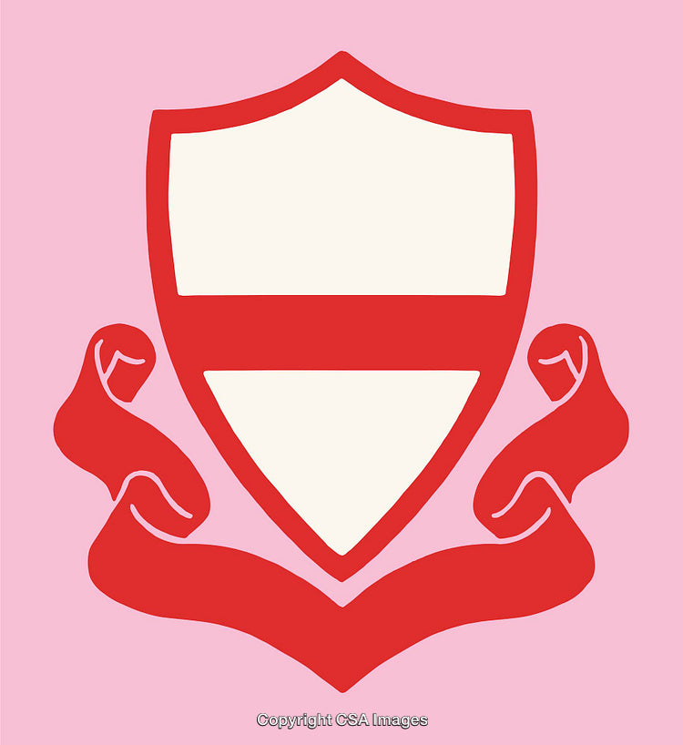 Red Shield-Line Art Design with Scroll on Pink Background