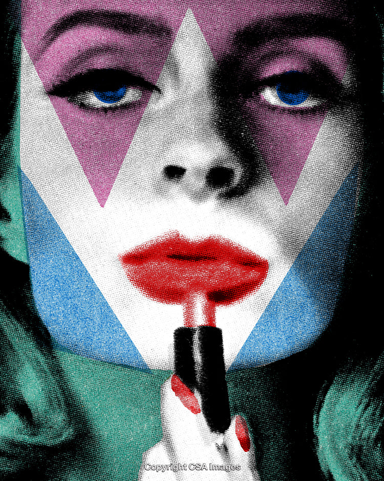 Pop Art Style Portrait of Woman Applying Red Lipstick