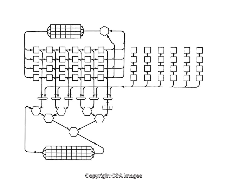 Detailed Black and White Schematic Diagram of a Complex System Flow