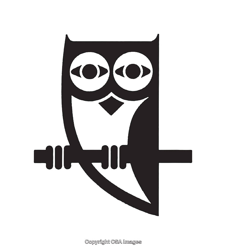 Stylized Black-And-White Line Art Of an Owl on a Branch