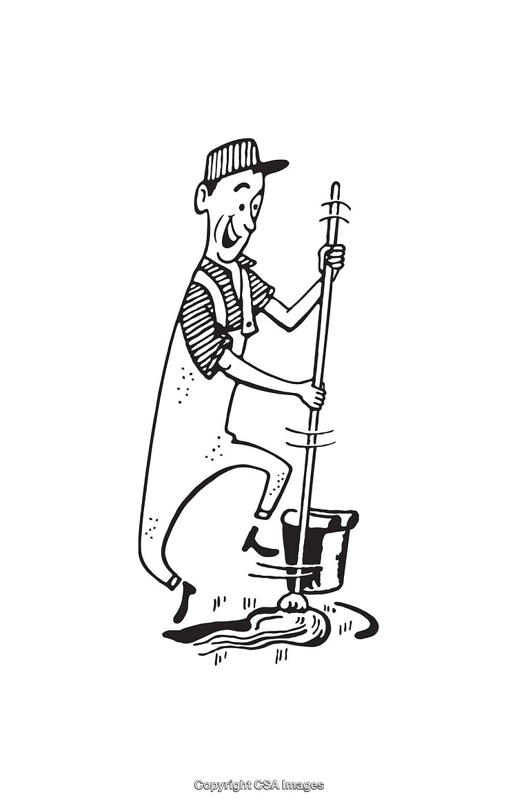 Illustration of Worker Mopping Floor in Black and White Line Art