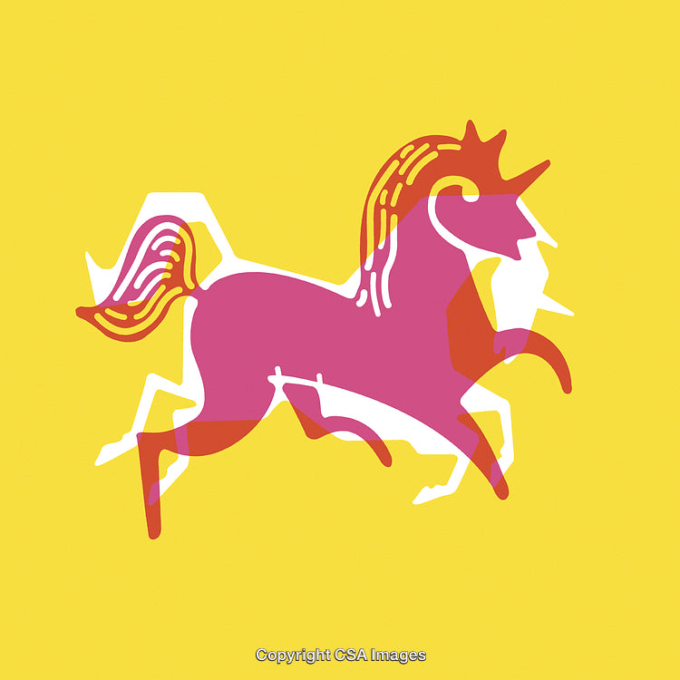 Colorful Graphic Design of a Unicorn Silhouette on Yellow Background