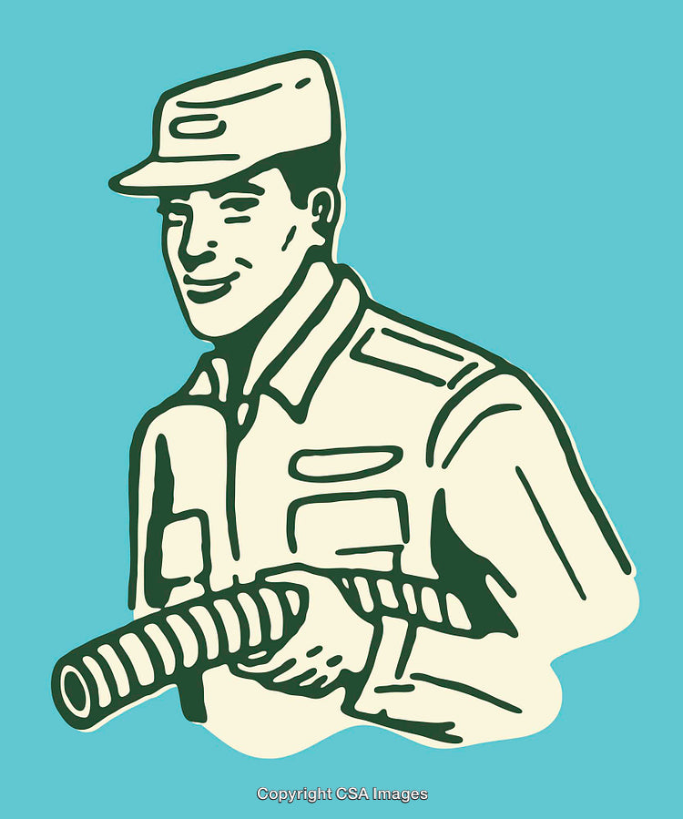 Illustration of Worker Holding a Hose in a Retro Art Style