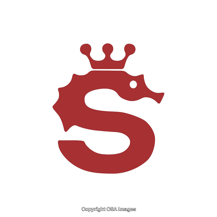 Stylized Red S Letter with Seahorse Motif and Crown Design
