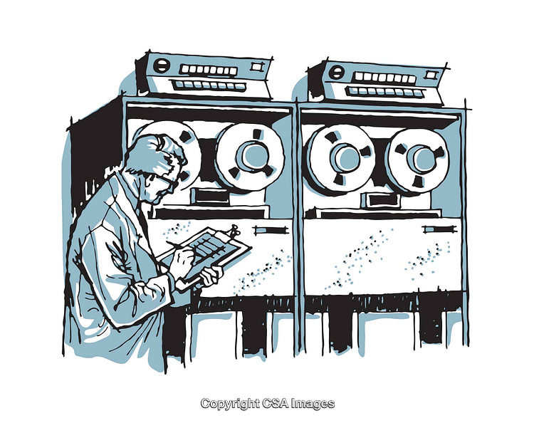 Vintage Illustration of Computer Setup with Tape Drives and Operator