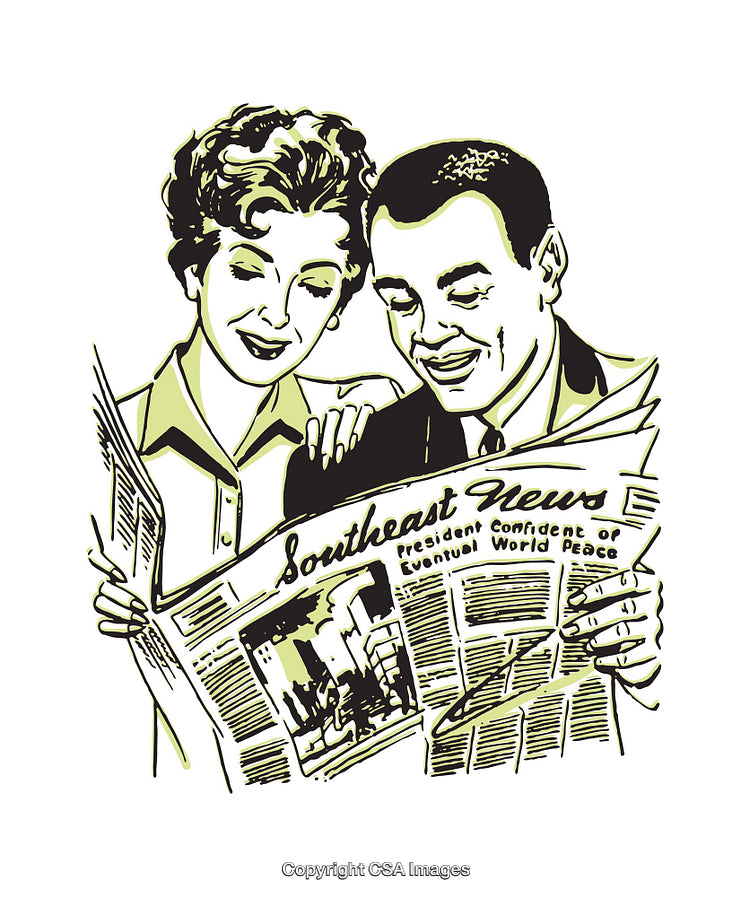 Retro Illustration of a Couple Reading the Newspaper Together