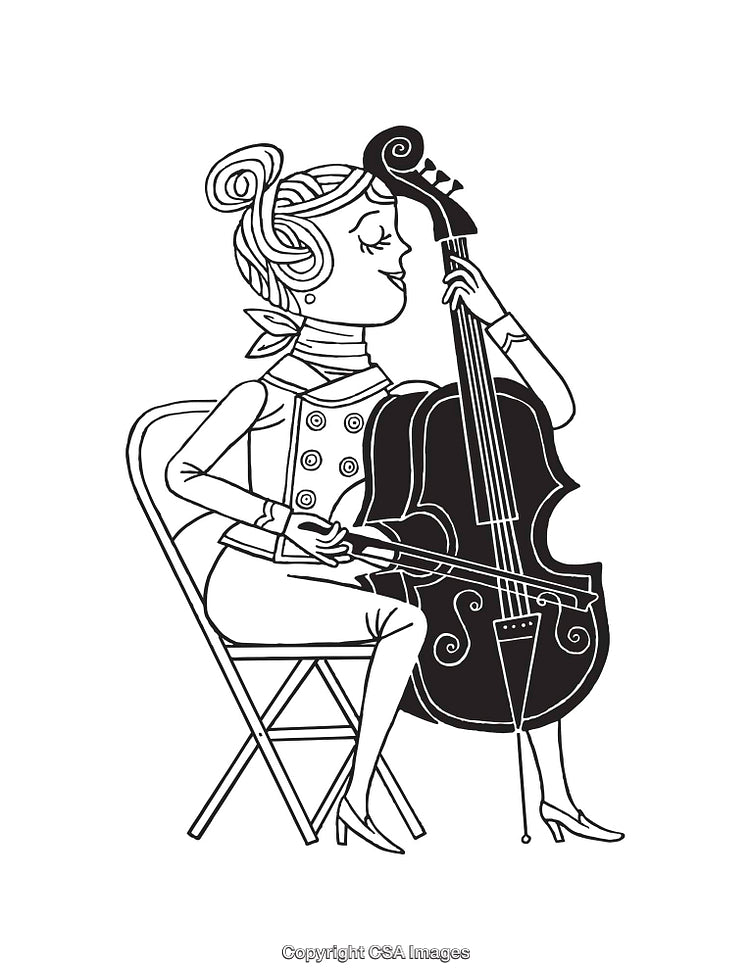 Line Art Illustration of Woman Playing a Cello in Seated Position