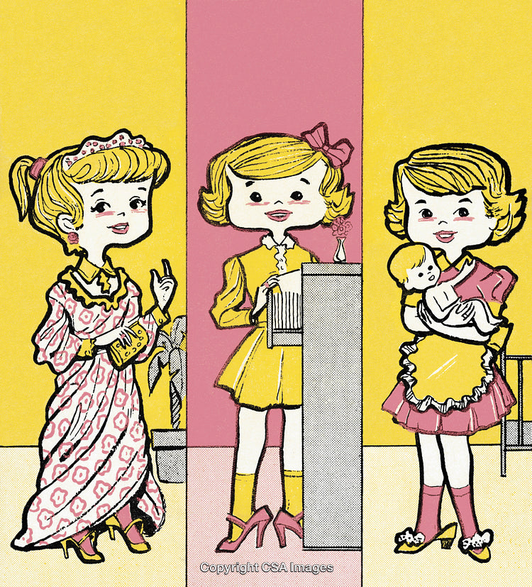 Vintage Illustration of Girls in Different Outfits and Activities