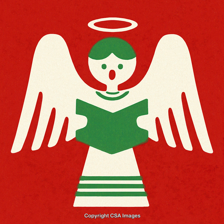 Illustration of an Angel Singing With a Book on a Red Background