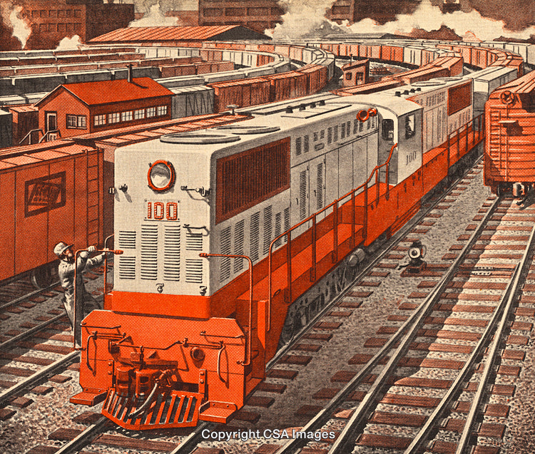 Vivid Illustration of Locomotive in Rail Yard Surrounded by Freight Cars and Shacks
