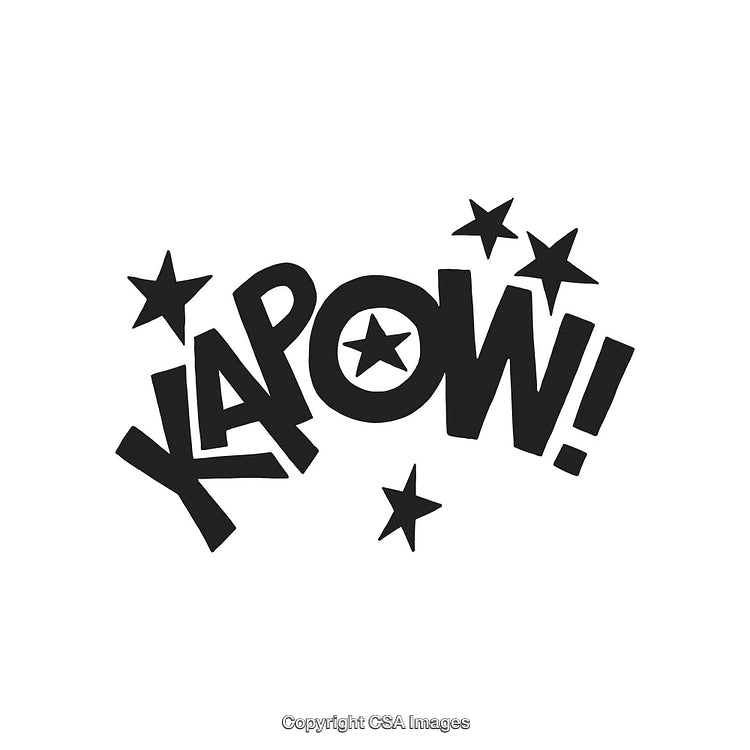Comic Book Style Kapow Text With Stars on White Background