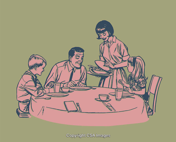 Vintage Line Art Illustration of a Family Dining Together