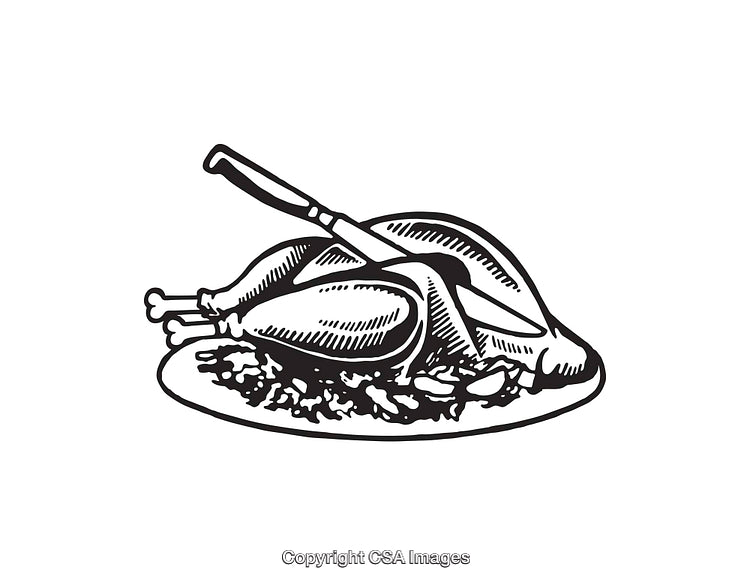 Black And White Illustration of a Roasted Turkey with Garnish on a Plate