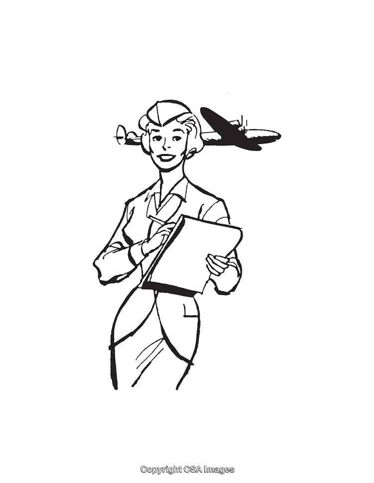 Vintage Female Aviator Illustration with Airplane in Line Art Style