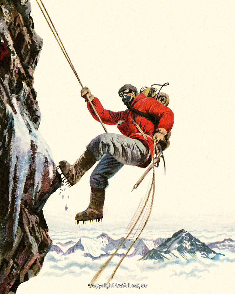 Mountain Climber Ascending a Vertical Rock Face Surrounded by Snowy Peaks and Clouds