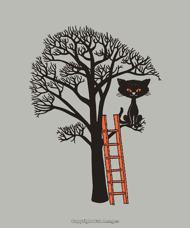 Whimsical Illustration of Cat Perched in Tree with Ladder Nearby