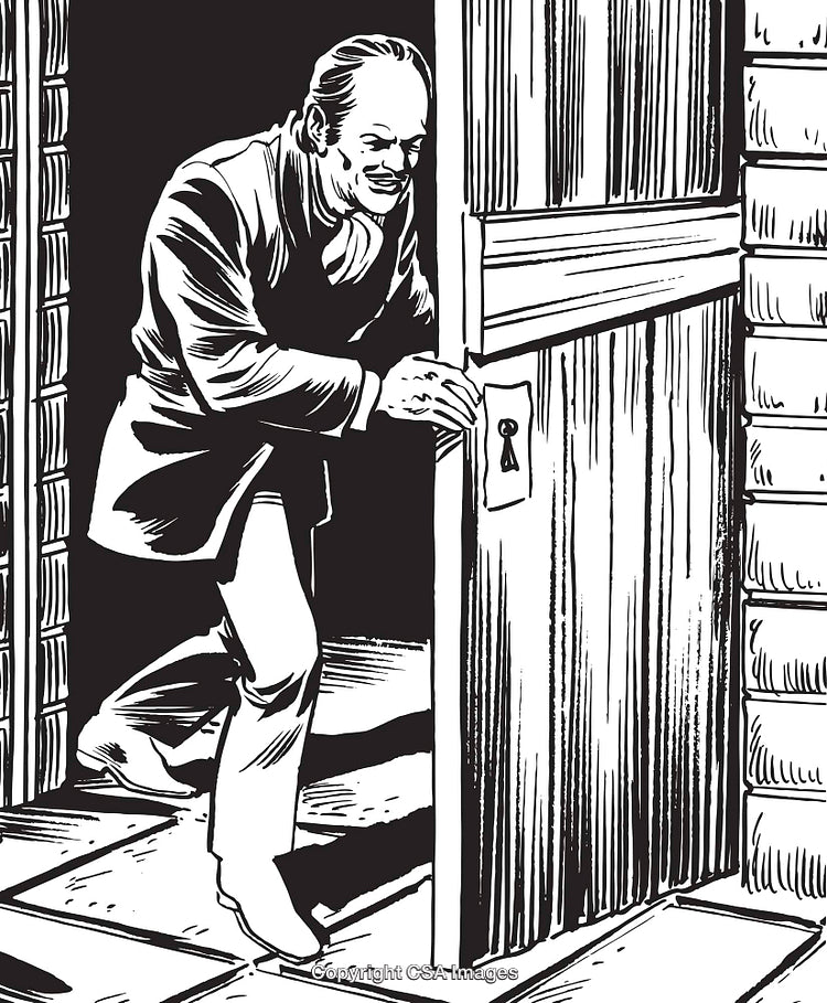Black and White Illustration of a Person Entering Through a Wooden Door