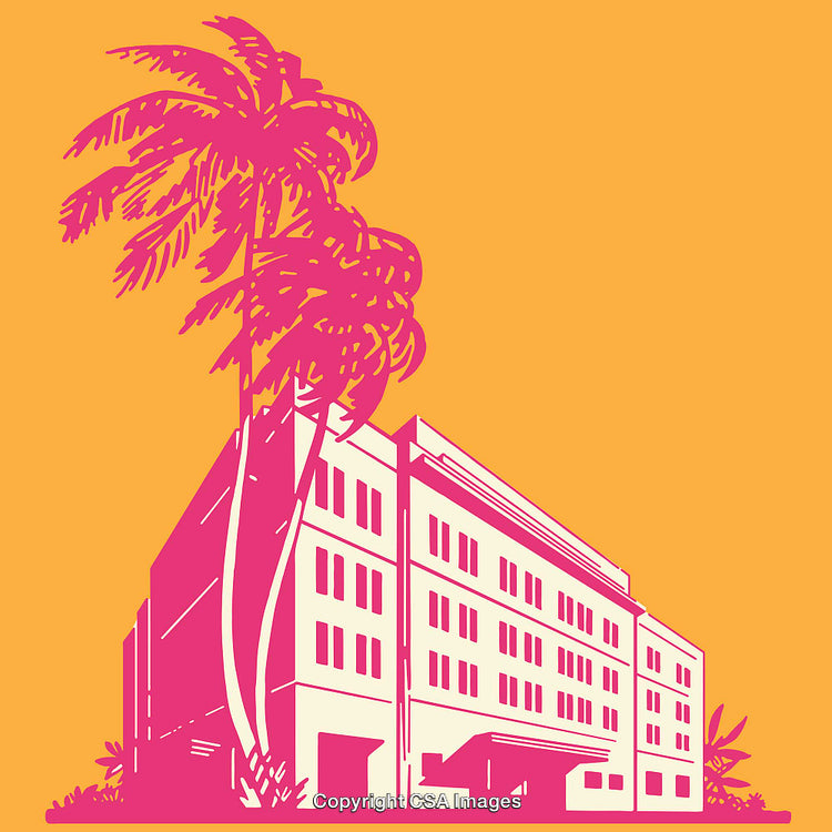 Colorful Line Art of a Building with Palm Trees on Orange Background