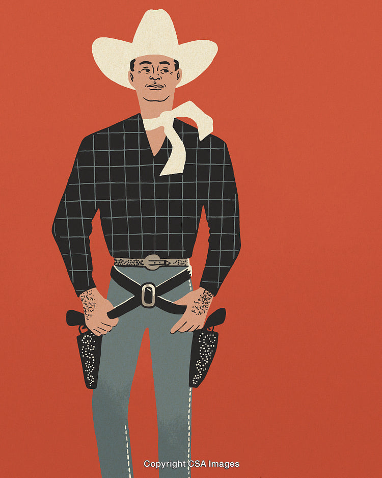 Illustration of a Cowboy in Western Attire Against Bold Background