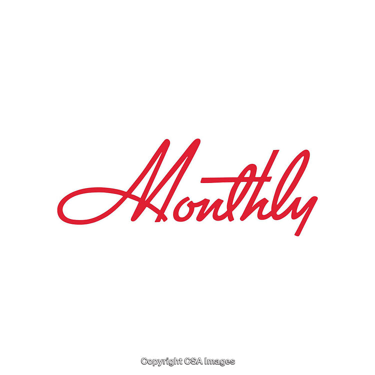 Bold Red Calligraphy Style Text Reading 'Monthly' on White Background